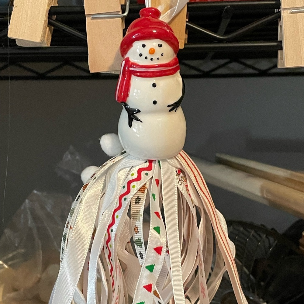 Charming Snowman Ornament with Red Hat and White Ribbons